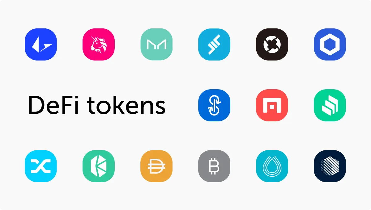 Logos of DeFi tokens