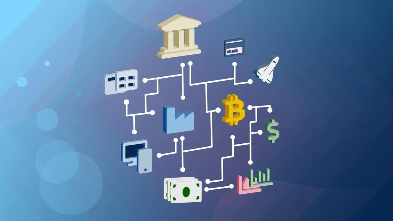 Illustration of decentralized finance connecting banks, Bitcoin and money