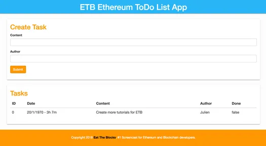 ToDo list Dapp with the Create Task form and the task list