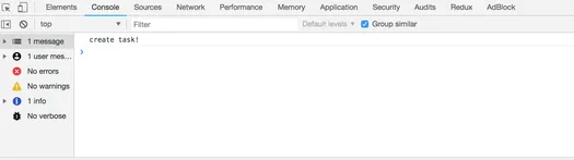 Browser console showing create task! after clicking submit