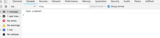 Browser console showing Task created!