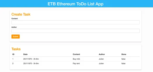 ToDo list Dapp showing two newly created tasks