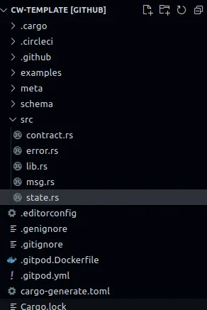 Project structure of the CosmWasm template in VS Code