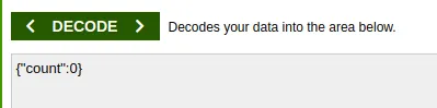 Base64 decoder showing the init message {"count":0}