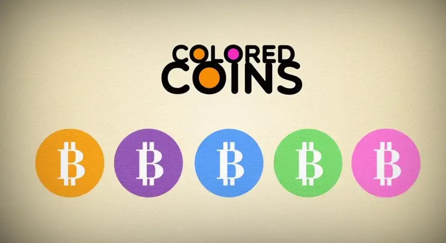 Colored Coins logo with colored Bitcoin coins