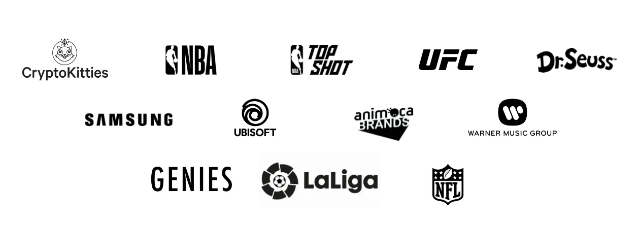 Logos of brands building on Flow, including NBA Top Shot, UFC and Samsung