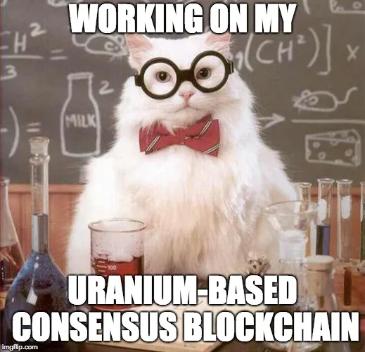 Science cat meme: working on my uranium-based consensus blockchain