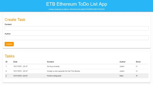 Ethereum ToDo List Application Build With Solidity, Truffle, Javascript, Nodejs and Jquery