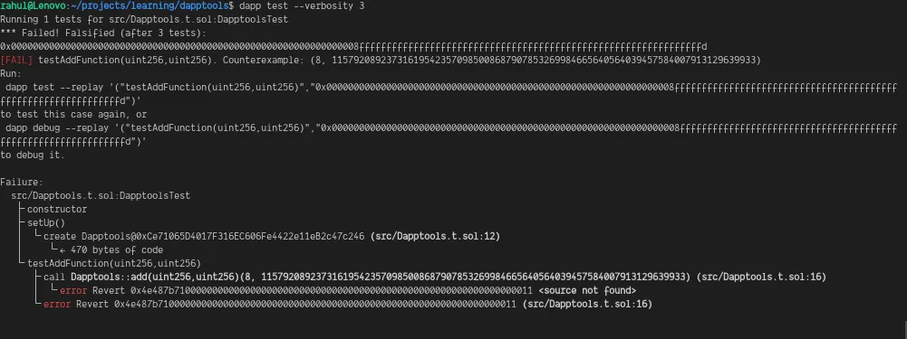 Terminal output of a failing fuzz test with a counterexample