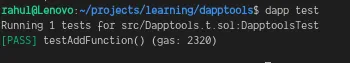 Terminal output of dapp test with a passing test and its gas cost