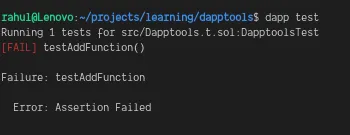 Terminal output of dapp test with a failing assertion