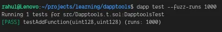 Terminal output of dapp test --fuzz-runs 1000 passing