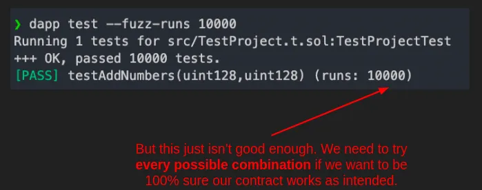 Fuzz test passing 10000 runs, which still does not try every input