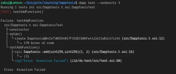 Terminal output of dapp test --verbosity 3 showing where the test fails