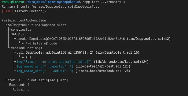 Terminal output of a failing assertEq test showing expected and actual values