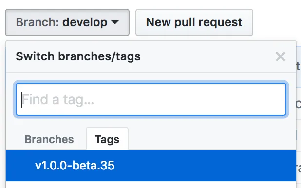Selecting the v1.0.0-beta.35 tag on GitHub