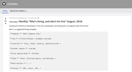 Monthly who's hiring thread on the r/ethdev subreddit